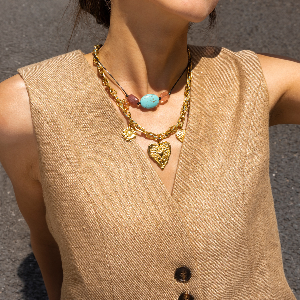 Collar de acero inoxidable TENA Europa y América de lujo ligero nicho de moda personalidad de acero de titanio cuerdas amor collar de piedra natural
