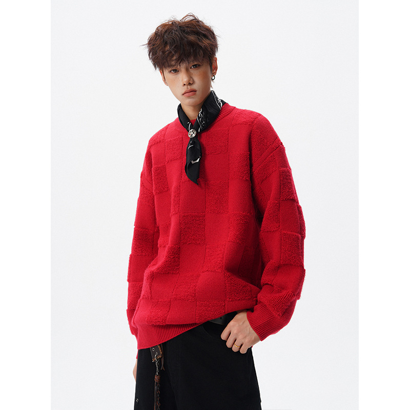 My1204 Soft and Lazy Style Plaid Sweater for Men, Autumn and Winter Loose Design Fleece Sweater, Plus Size Knitwear