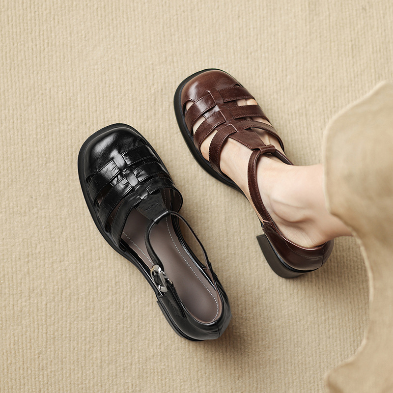 Sandal nữ phong cách La Mã gót dày 7 cm, mũi kín quai T, đế xuồng — màu nâu chi tiết 2