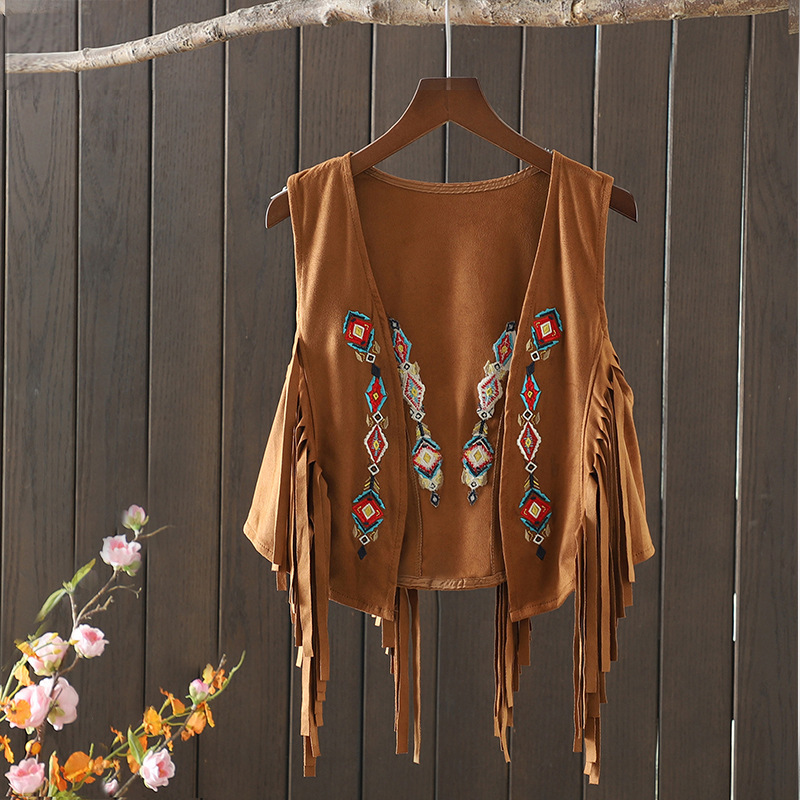 Ethnic Style Retro Suede Vest for Women Embroidered with Skirt Jacket Bohemian Tassel Cardigan