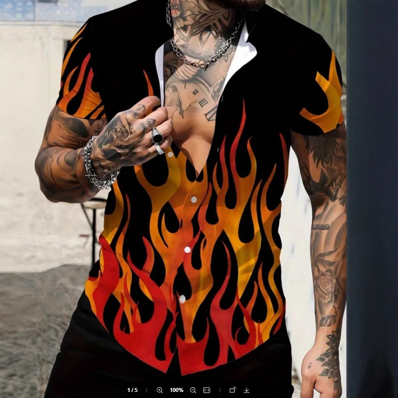 欧美男装印花火焰短袖休闲个性外贸男士衬衫