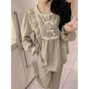 Korean Style Sweet Small Floral Cotton Comfortable Loose Lace Fresh Style Autumn Outer Wear Home Clothes Set