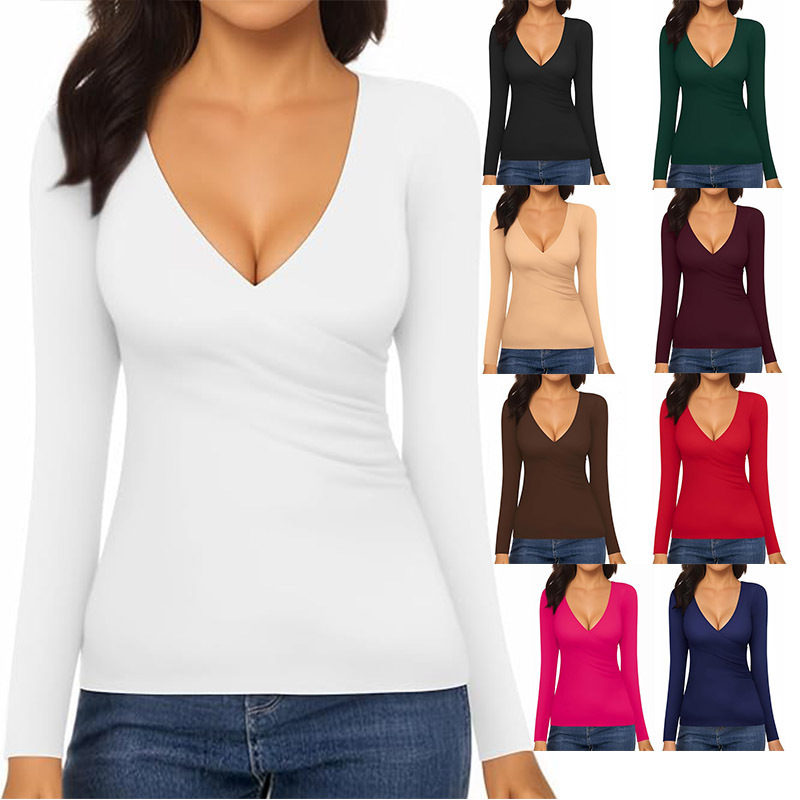 Cross-border Amazon New Hot European and American Women's Cross-pleated Low-cut Sexy Deep V-neck Slim Long-sleeved T-shirt Cross-border Amazon New Hot European and American Women's Cross-pleated Low-cut Sexy Deep V-neck Slim Long-sleeved T-shirt