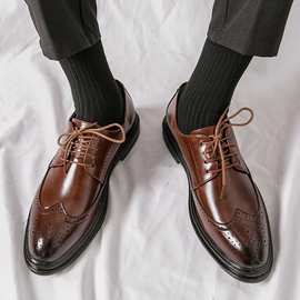 棕色皮鞋男士布洛克商务正装内增高休闲英伦软底感结婚新郎鞋