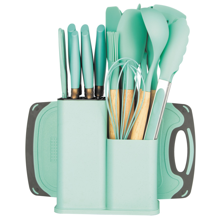 Juego de utensilios de cocina de silicona transfronterizo de 19 piezas, utensilios de cocina antiadherentes con mango de madera y cubo de almacenamiento, juego de cuchillos de silicona ‌