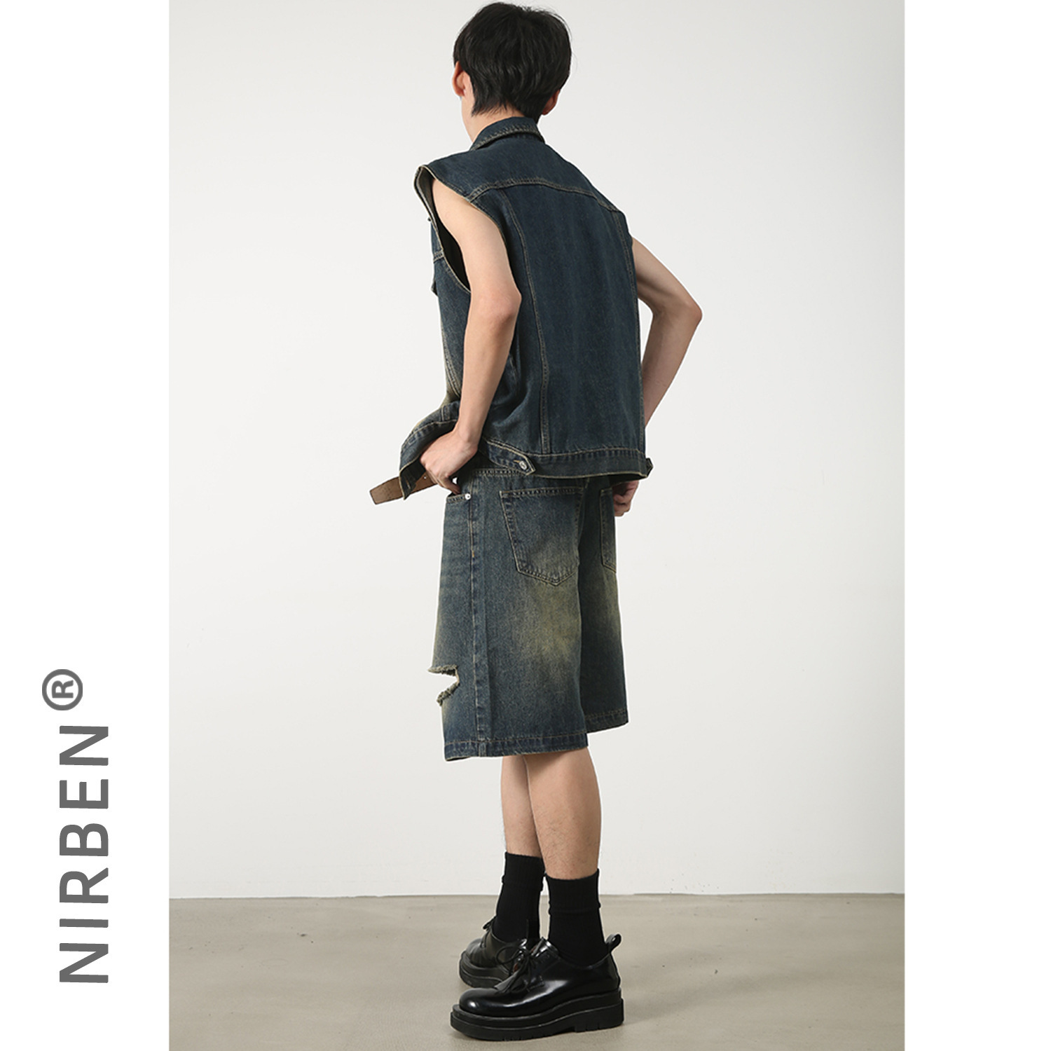 Nirben denim | traje de pantalones cortos de chaleco de mezclilla traje masculino de moda nicho suelto coreano casual sin mangas de dos piezas