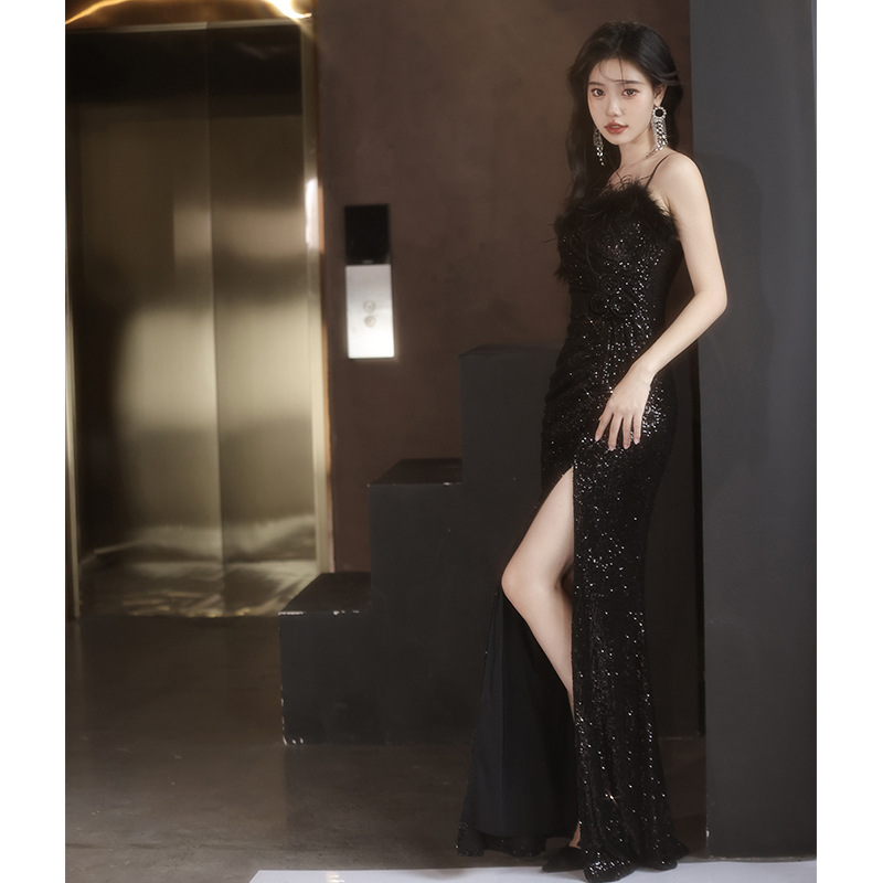 Vestido de noche negro de otoño de 2025 nueva industria pesada celebridad reunión anual esbelta cola de pescado vestido de moda sexy