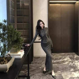 复古气质修身长袖女上衣春季穿搭套装千金风包臀鱼尾半身裙两件套