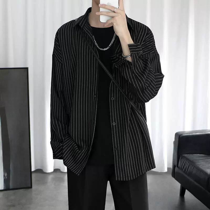 Летняя полосатая рубашка, мужская рубашка с длинными рукавами, модная стильная универсальная повседневная свободная куртка в гонконгском стиле для пар