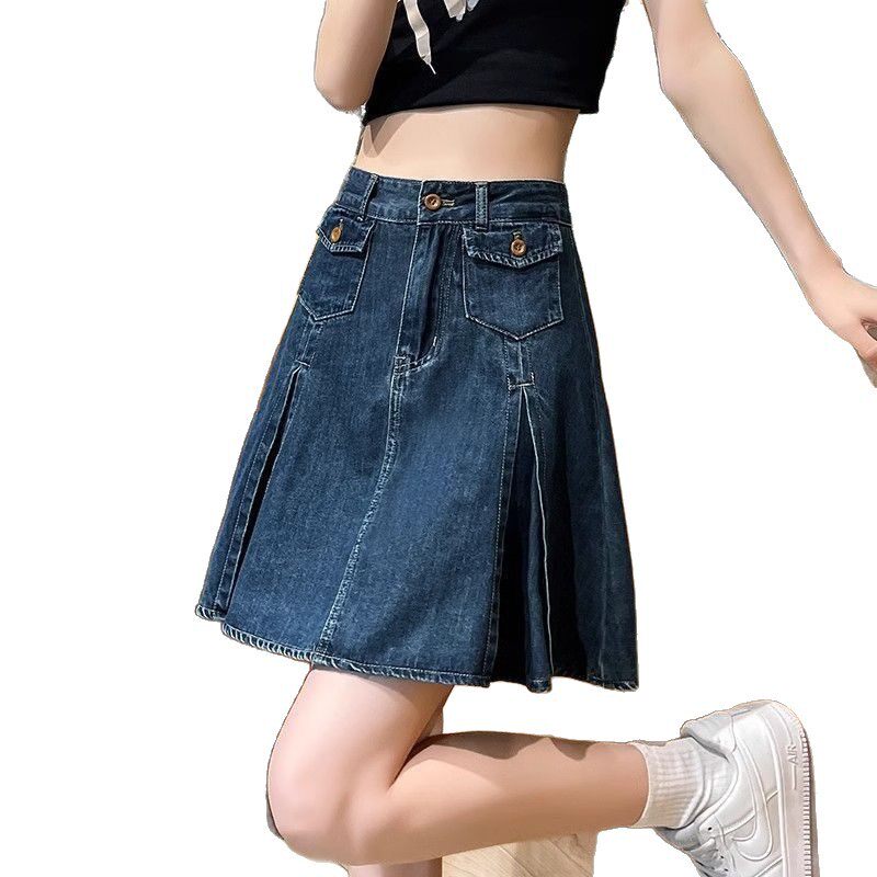 Chân váy denim xếp ly cạp cao dáng midi chống lộ, phong cách retro công sở — Xanh cổ điển