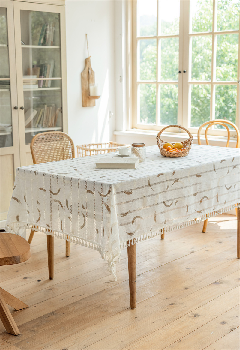 INS Rechteckige Tischdecke aus Vollpolyester, Jacquard-Druck, hohl, geometrisch gestreift, mit Quasten, für Couchtisch und Esstisch_voghion.com