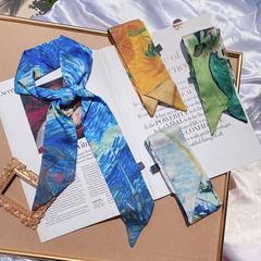 梵高麥田杏花星空油畫細窄長條小絲帶綁包包手柄絲巾髮帶領巾飄帶