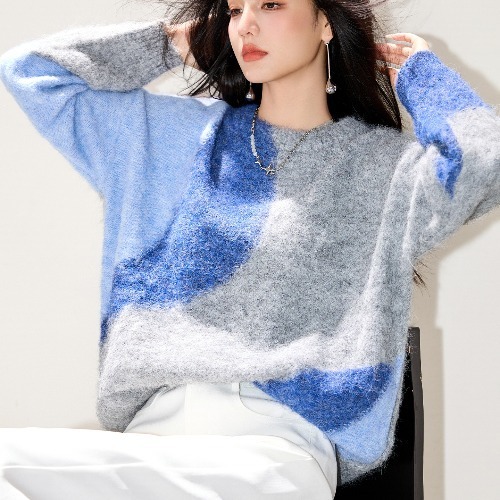 灰蓝色毛衣女秋冬新款女装气质拼色针织衫慵懒风软糯针织衫6972|undefined