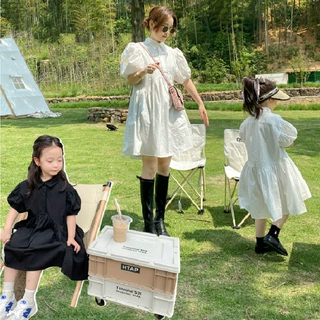 亲子装女童裙子泡泡袖翻领甜美连衣裙26夏装新款外贸童装代发母女