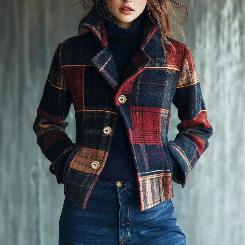 2025 European and American Fashion Independent Station Plaid Retro Warm Jacket Autumn and Winter Stand Collar Splicing Button Jacket Small Suit