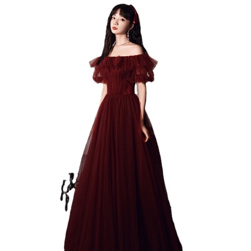 Wine red bride wedding party evening dress for women birthday party celebration toast long dress off shoulder Wedding toast clothing for pregnant women