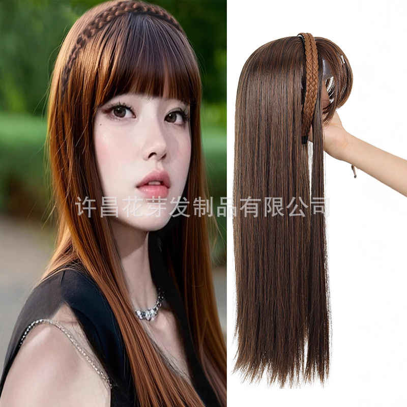 Wig for Women, Foreign Trade, Amazon Hot-Selling Double Braid Headband, Straight Hair Replacement Block, Daily Covering of White Hair, Simple to Wear