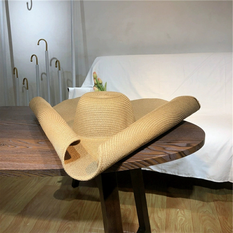 Extra große Strohhüte für Damen, 25 cm, aus Papier gewebt, mit breiter Krempe, ideal für Strand und Urlaub am Meer_voghion.com