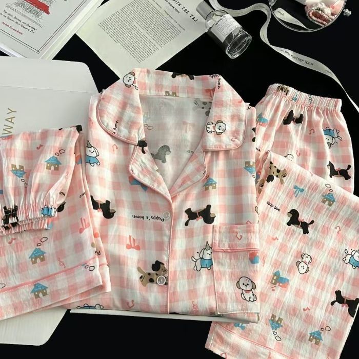 Pantalones cortos de tres piezas pantalones de manga corta verano nuevo estilo caliente dibujos animados casual lindo estilo cardigan pijamas mujeres nubes algodón