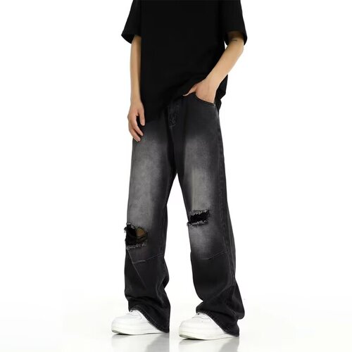 Men's Summer New Release American Street Style High-Waisted Distressed Wash Relaxed Straight Leg Pants