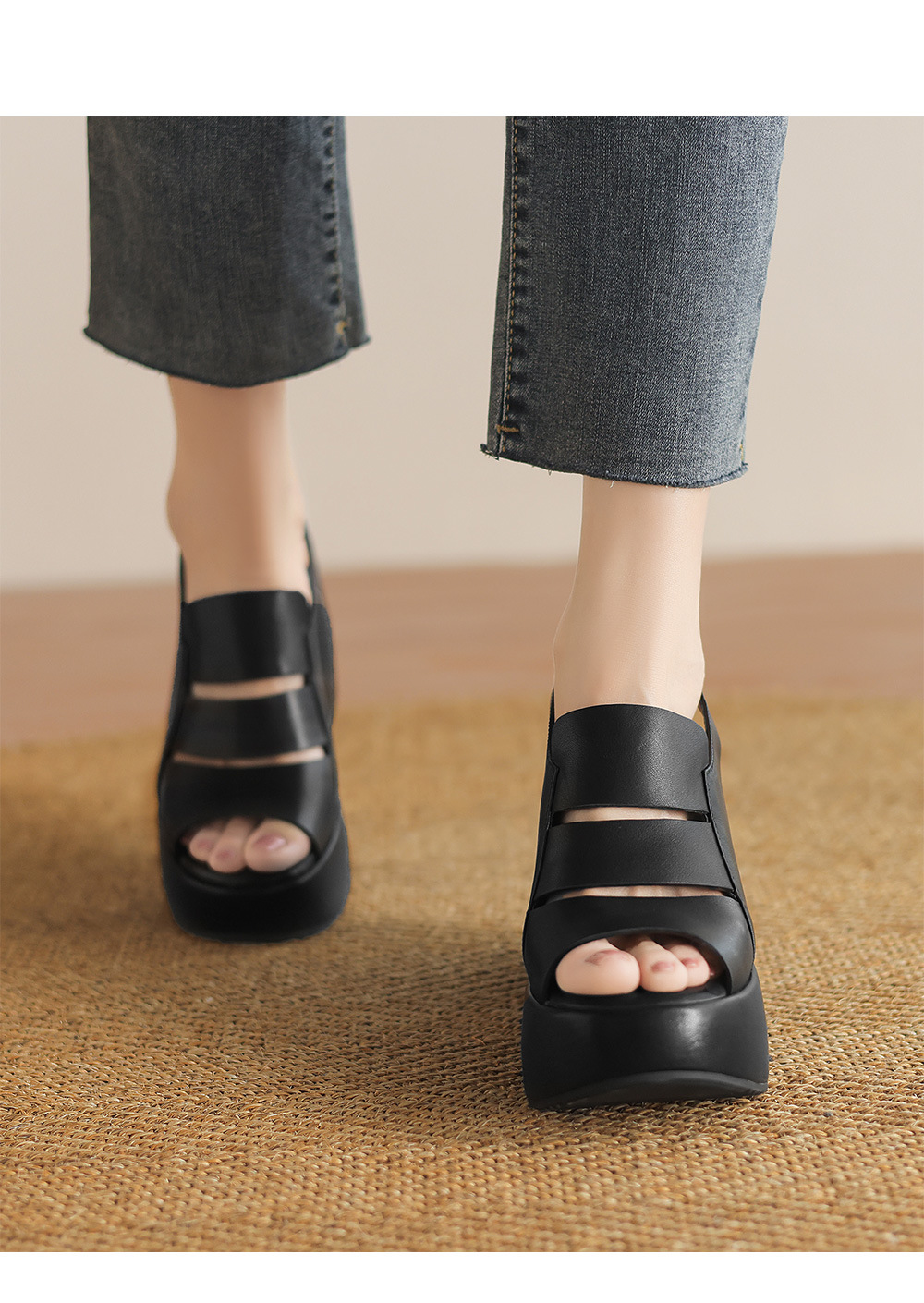 Sandal nữ đế xuồng cao gót da thật phong cách La Mã, gót 9 cm — đen, Màu trắng nhạt chi tiết 5