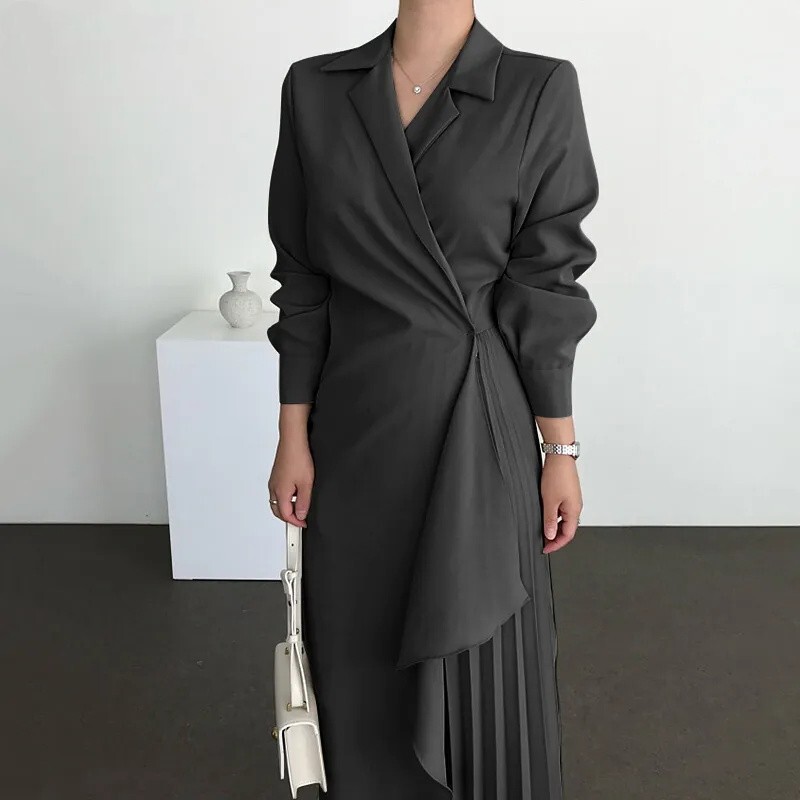 Women's Formal Elegant Shirt Dress Vintage Long Solid Color Slip Dress Long Waist-Cinched Dress