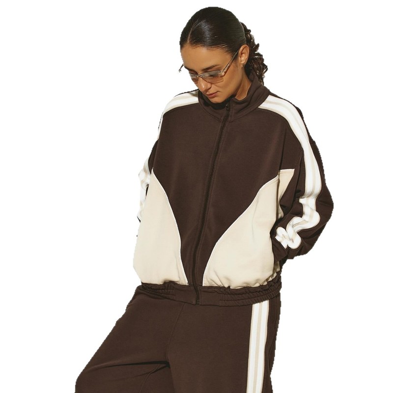 ヨーロッパとアメリカの秋と冬のハイストリートトレンディなスポーツ作業服スーツステッチコントラストカラースタンドカラージッパージャケットとズボンの女性用2点セット|undefined