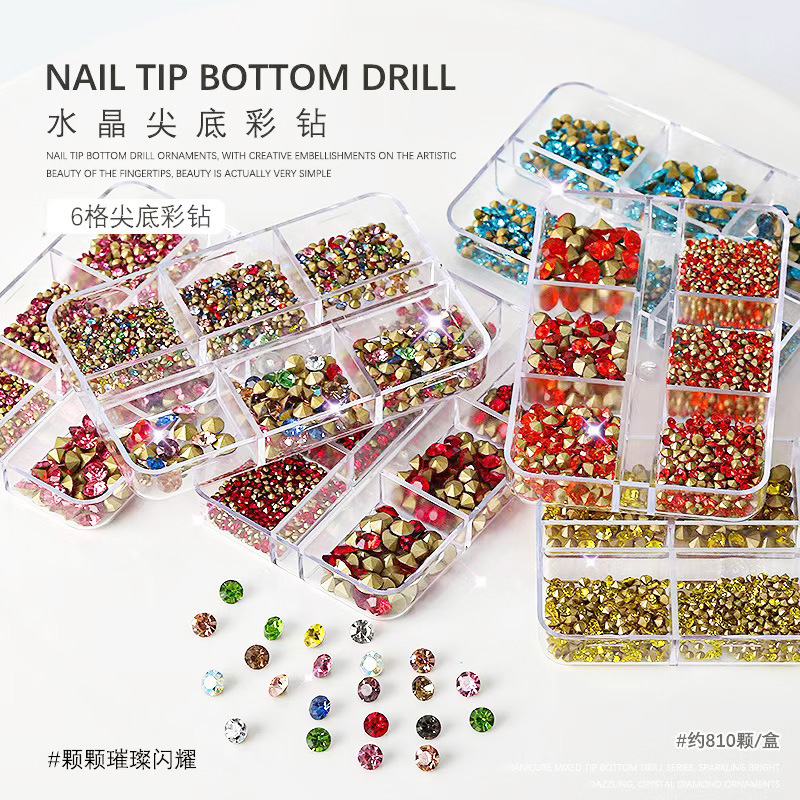 Nail art jewelry gold bottom white diamond colored diamond pointed bottom diamond 6 box mixed size nail AB pointed bottom diamond