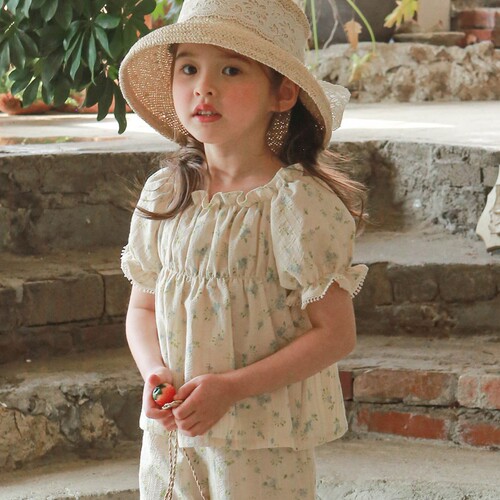 2024 Summer Strawberry Sand Korea Children's Clothing Girl's Small Floral Elastic Collar Short-Sleeve Shirt