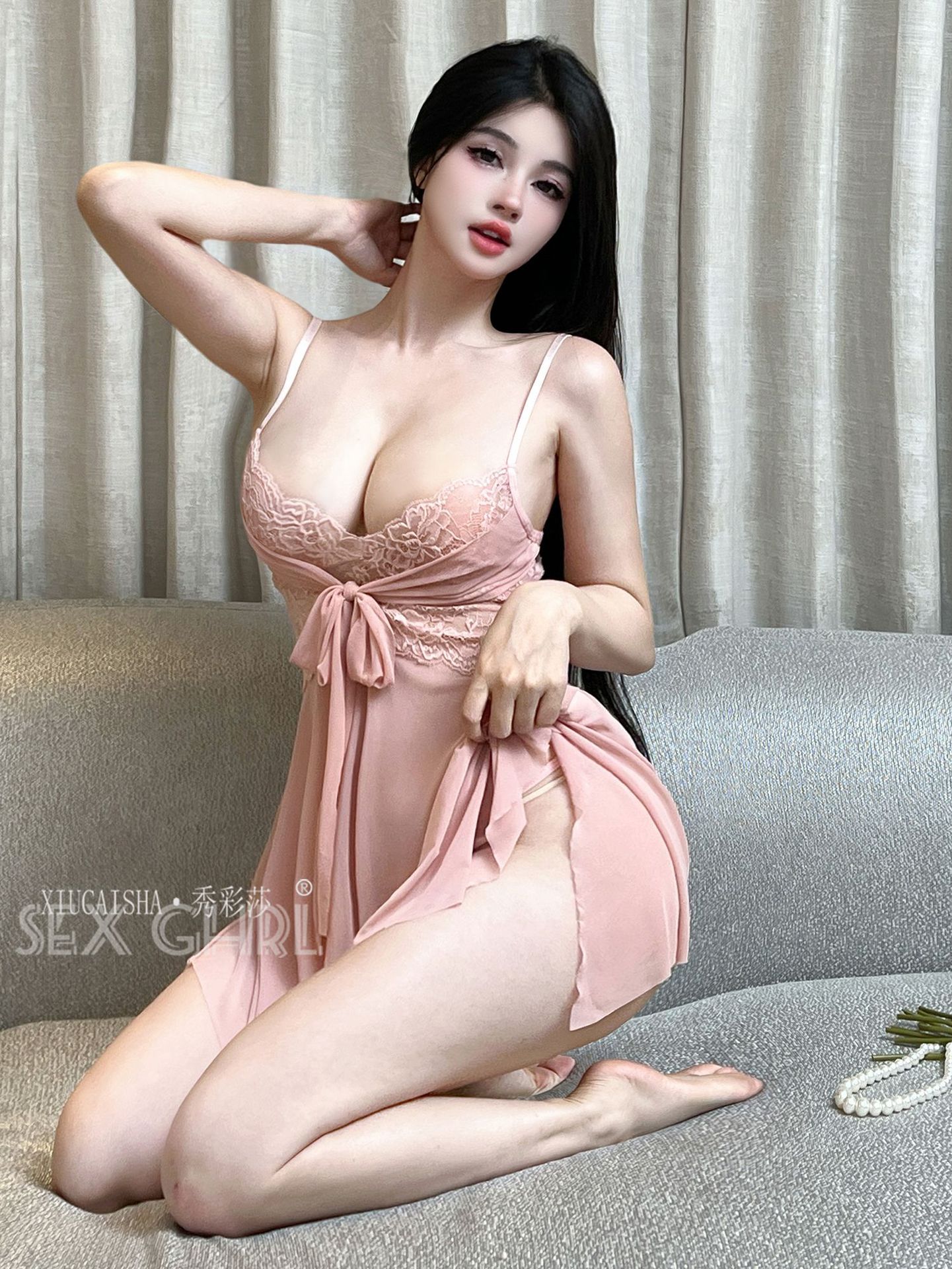 Lace Mesh Babydoll Nightgown Set with Thong and Open-Crotch Stockings, Black One Size — detail image 21