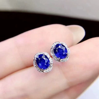 网红直播热卖气质满钻仿真水晶蓝宝石椭圆型耳钉女时尚彩宝耳饰品