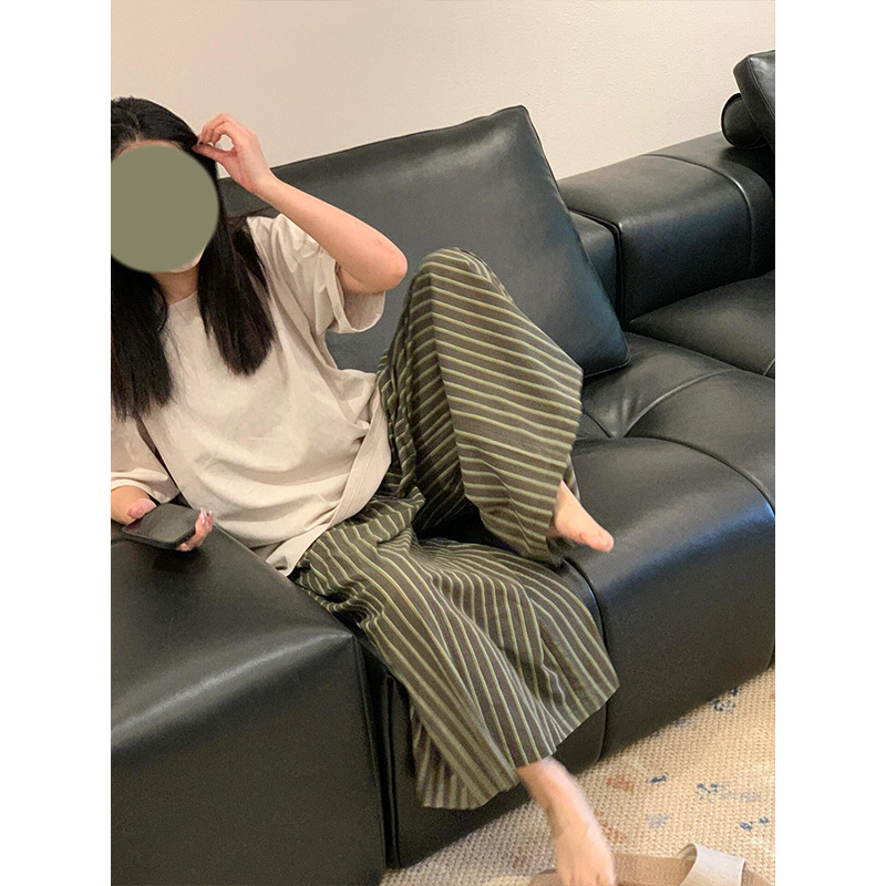 Korean Style Solid Color Short Sleeve Pajamas Women's Summer New Round Neck T-Shirt Striped Pajama Pants Home Clothes suit Outer Wear