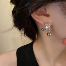 银针镶钻方形圆珠耳环韩国时尚个性网红气质耳钉ins风创意耳饰女