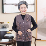 时尚绣花大码奶奶装有口袋23年中老年女装新款针织衫V领开衫马甲，女装马甲，妃慕昵服饰