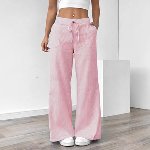 2025 Summer New Style European and American Cross-Border Export Comfortable Casual Waist Tie Flap Pocket Pants Slimming Look Stripesd Wide Leg Pants