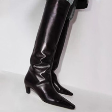 法式大筒围长筒靴女小方头高筒骑士靴大筒围直筒靴不过膝猫跟鞋