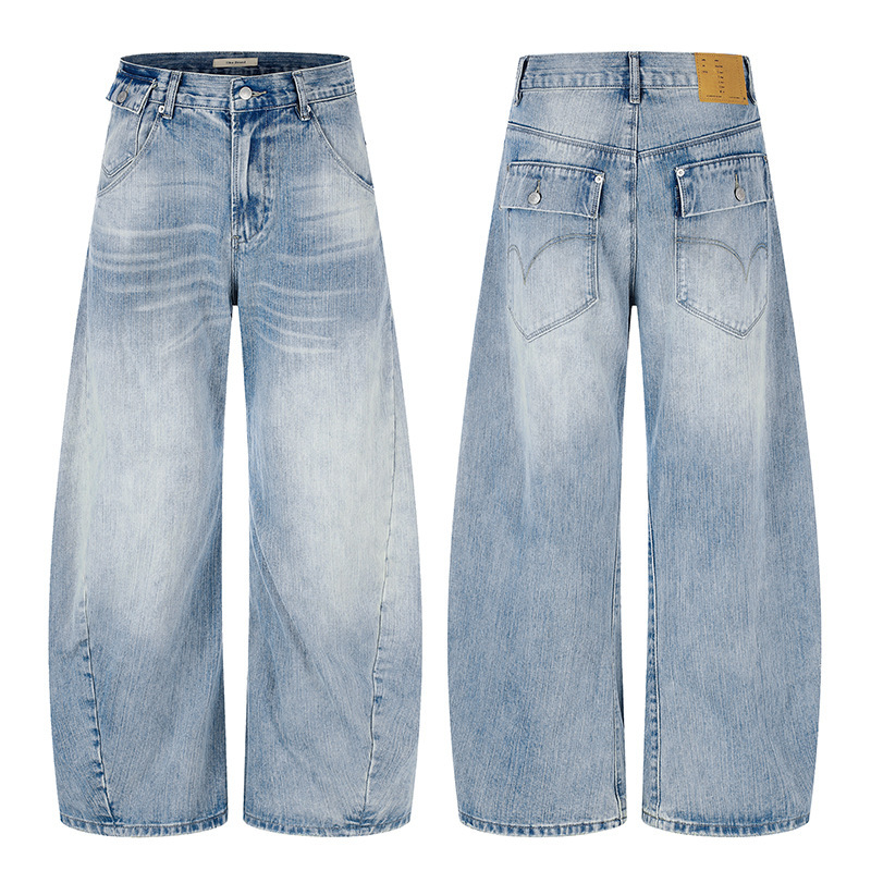 Tuochuan Ck9825 American Retro Scimitar Jeans for Men and Women, Loose Fit, Heavy-Duty Bamboo Texture, Whiskered and Faded Wide-Leg Pants