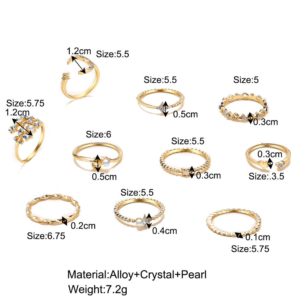 Fashion Diamond Love Pearl Leaf 10-piece Ring Creative Retro Female Ring display picture 1
