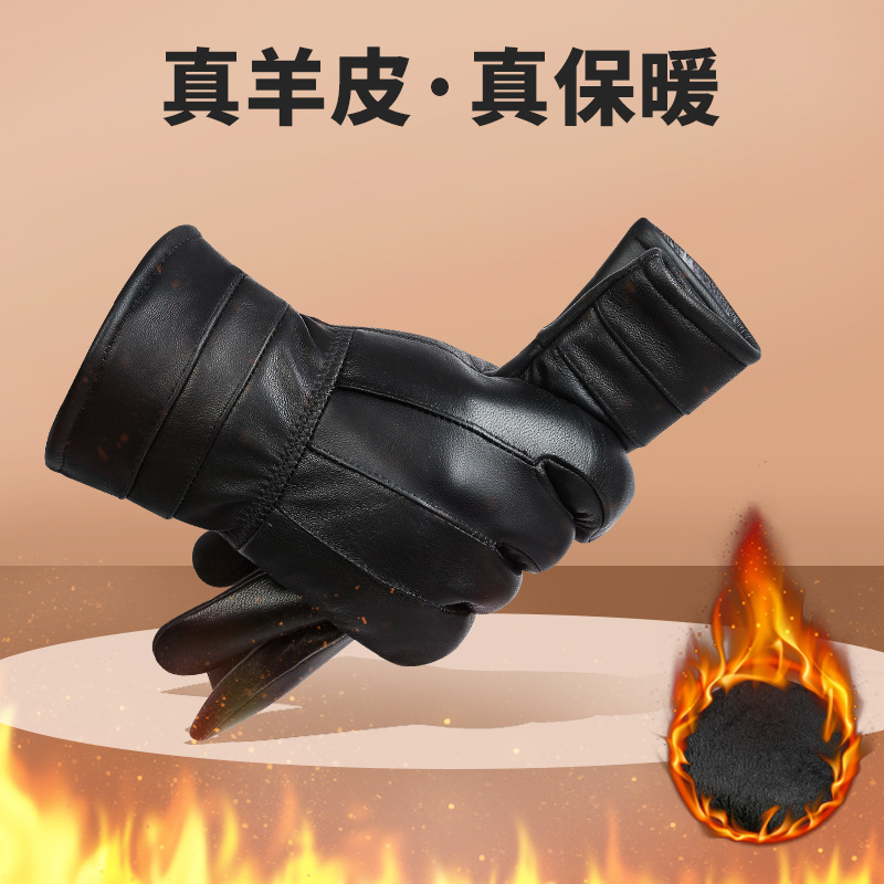 Genuine Leather Gloves Men's Goatskin Gloves Fleece-Lined Thickeneded Warm Winter Cold Protection Fashionable Korean Style Cycling Leather Gloves for Men