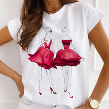 跨境新品 玫瑰花印花图案女式短袖 个性休闲女装圆领t打底衫