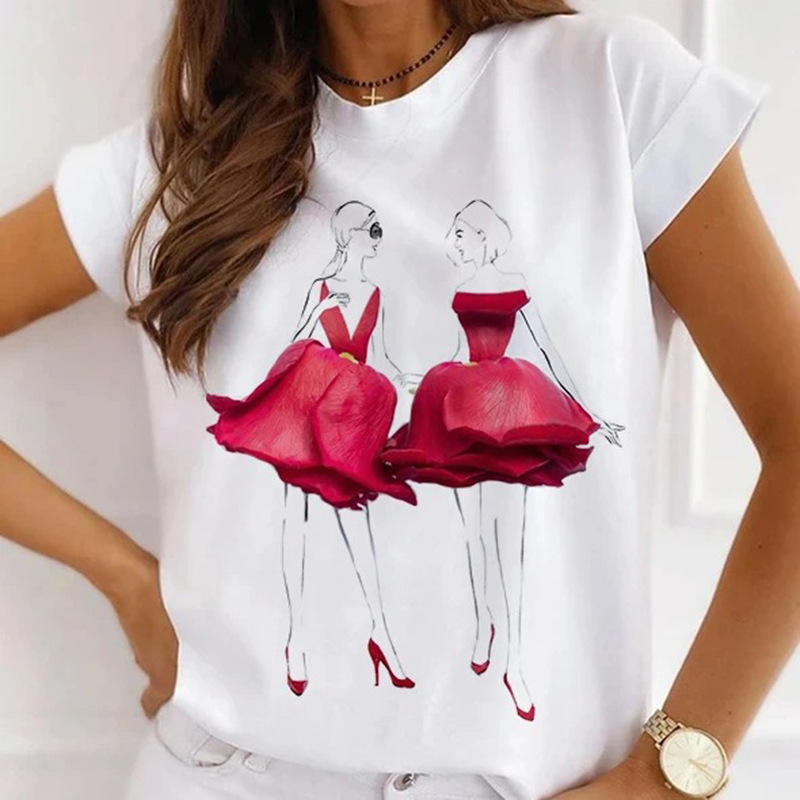 跨境新品 玫瑰花印花图案女式短袖 个性休闲女装圆领t打底衫
