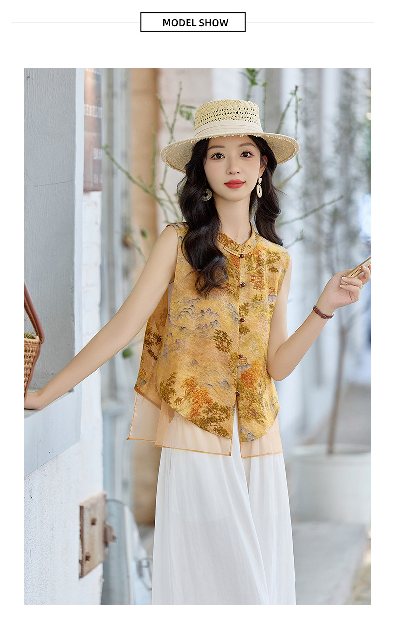 Bộ quần áo nữ hai mảnh gồm áo sơ mi cổ đứng họa tiết jacquard và quần ống đứng — Màu ảnh chi tiết 21