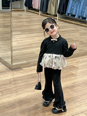 2024 Spring Girls' Elegant Ancient Style Collar Fastener 'Thousand Characters' Bouquet Cheongsam Top + Fringe Bell Bottom Pants Set