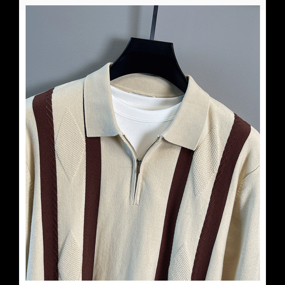 Men’s Half-zip Striped Knitted Polo Shirt Warm Autumn Winter Top_voghion.com