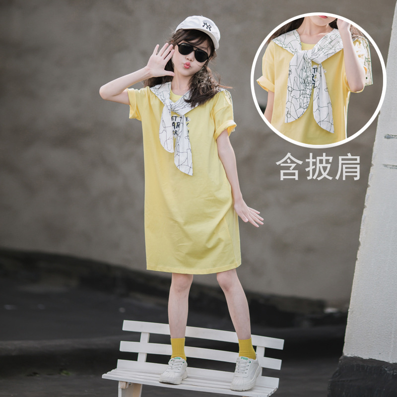 ¡Cuello de chal! Vestido de verano para niñas 2024 nuevo estilo vestido de verano para niños de mediana edad y estilo occidental de moda para niños