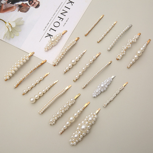 Korean version of Internet celebrity hand-woven pearl bb clip flower hair clip simple hair clip women's bangs clip one-word clip