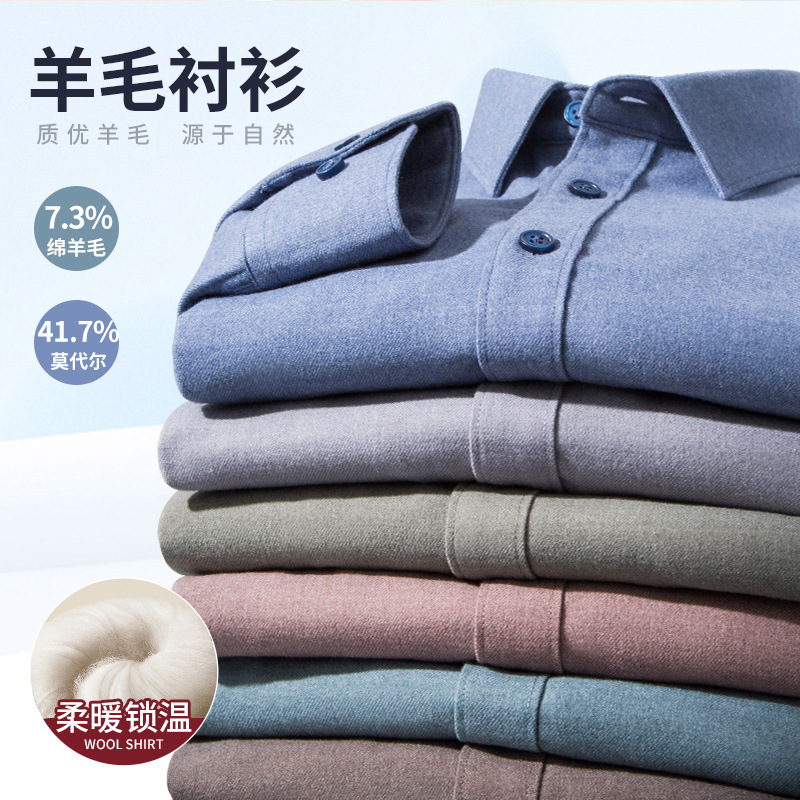 Autumn 2023 New Style Shirt Men's Modal Sheep Wool Long Sleeve Sanding Plain All-match Top Inner Shirt