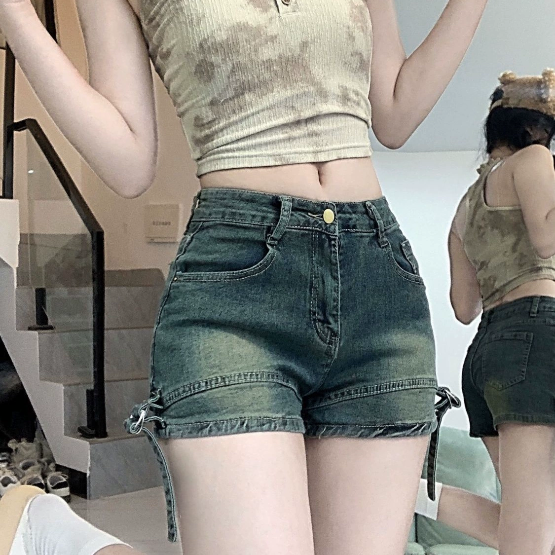 Джинсовые шорты в американском стиле ретро с регулируемой пряжкой для женщин, летние новые стильные шорты для похудения, подтяжка ягодиц, тренд для горячих девушек