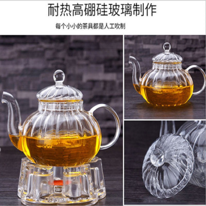 Venta al por mayor de borosilicato resistente al calor juego de té de vidrio engrosado Filtro de flores y hierba tetera a rayas calabaza olla traje de entrega de una sola pieza