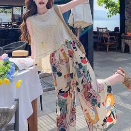 小清新减龄休闲无袖波点上衣印花阔腿裤两件套女2026夏季新款套装